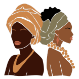 Artistic illustration of two women wearing traditional headwraps and jewellery, representing diversity and culture