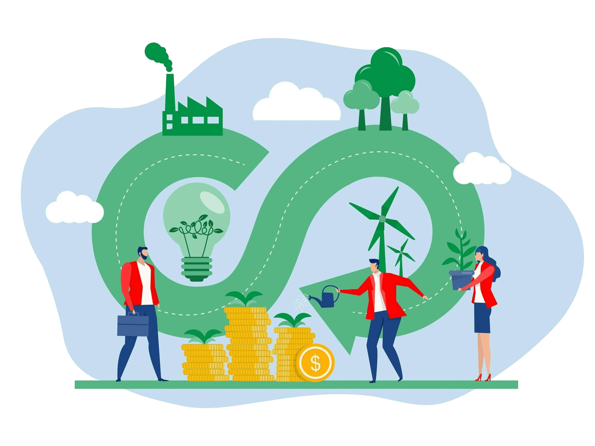 Illustration of a circular economy with renewable energy, green manufacturing, and people investing in sustainable growth