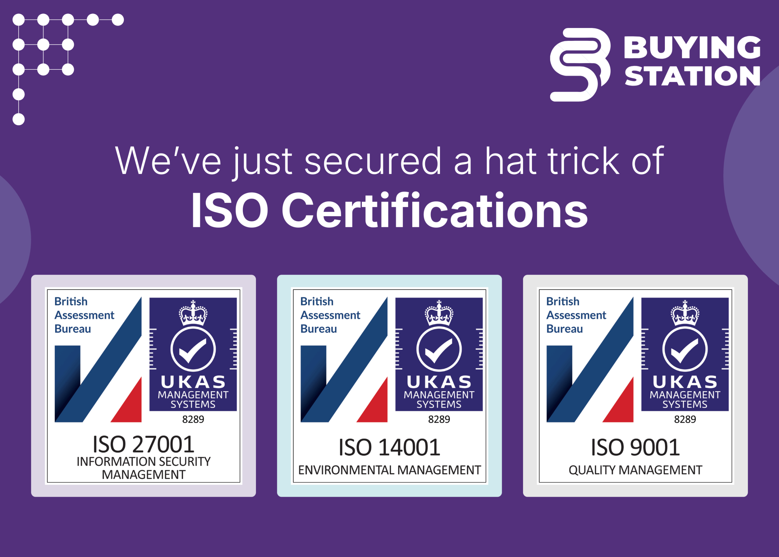 BuyingStation announces achieving ISO 27001, ISO 14001, and ISO 9001 certifications for information security, environmental management and quality management.