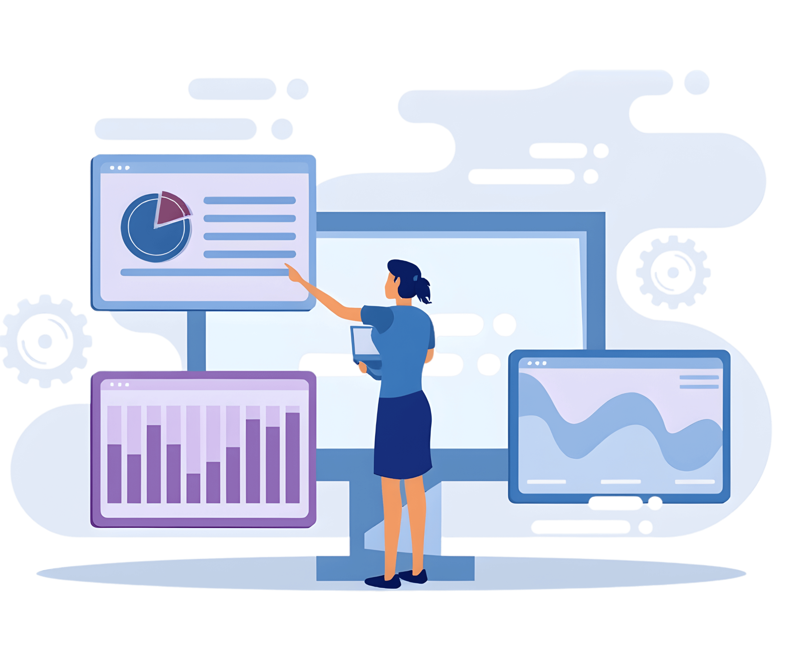 Illustration of a business professional analysing performance dashboards with charts, graphs and automation tools, representing enhanced implementation, data integration and process optimisation.