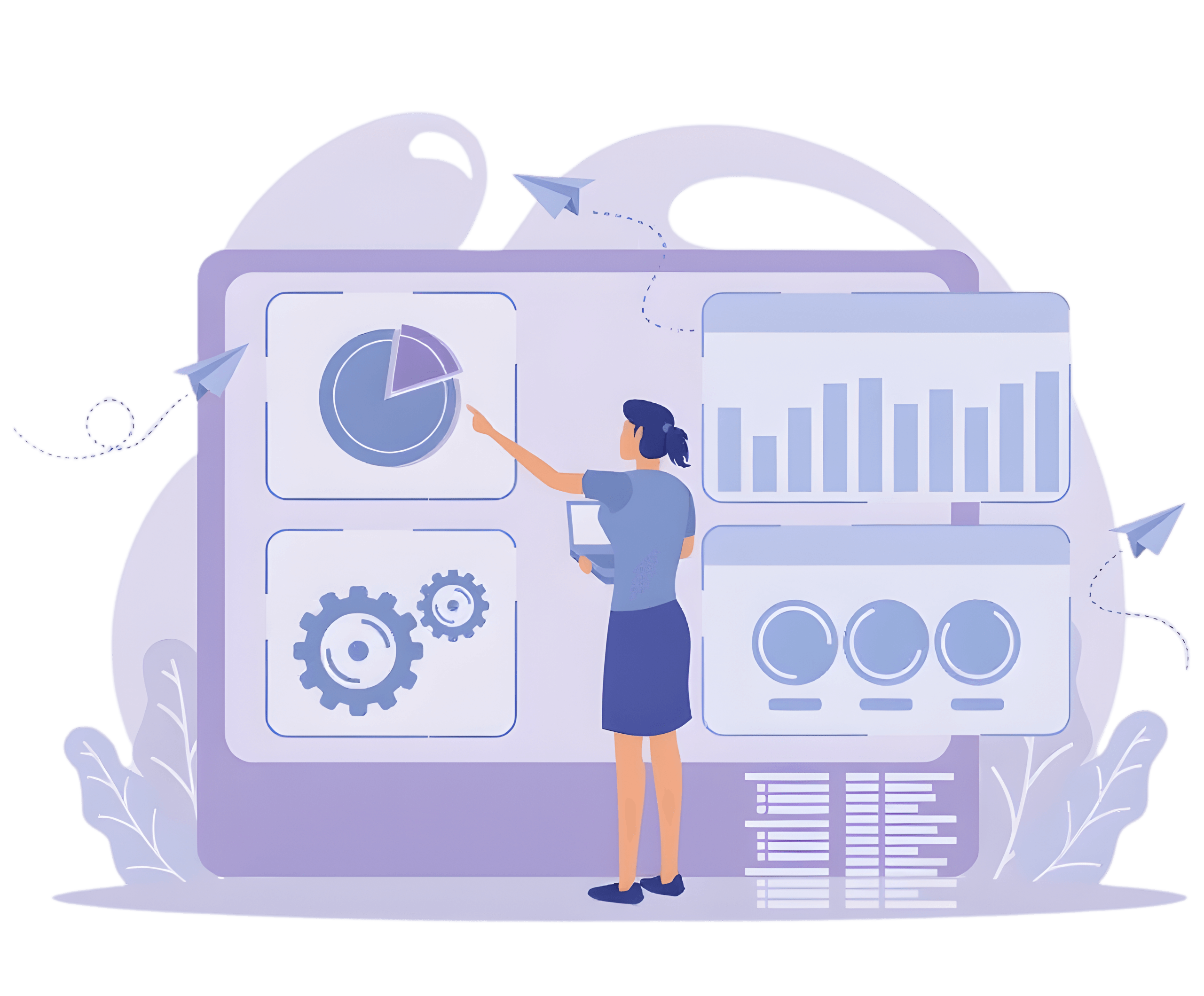 Illustration of a procurement project dashboard showing analytics charts, project pipeline metrics, performance data and workflow management within BuyingStation.