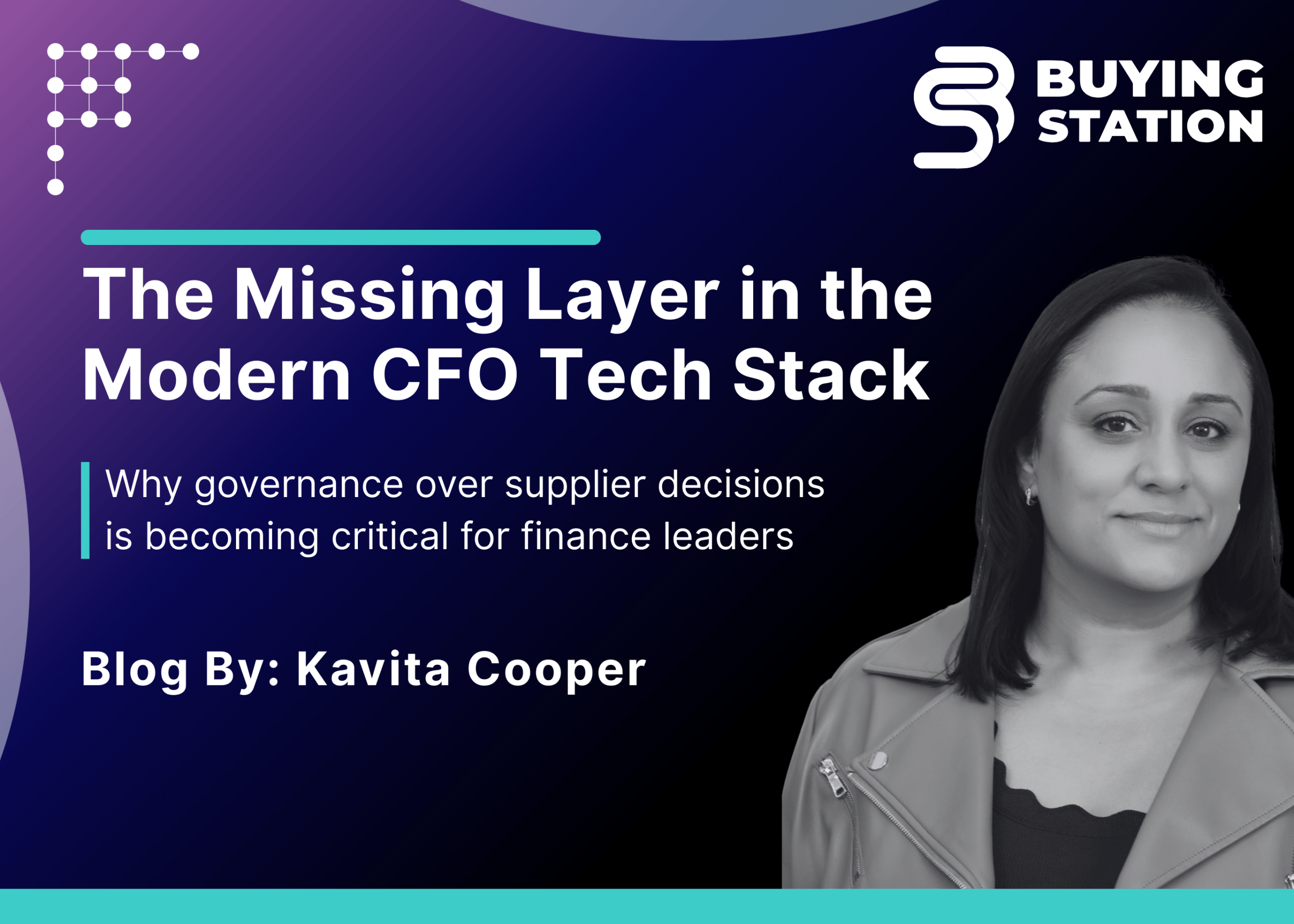 CFO tech stack blog banner with supplier governance theme and author Kavita Cooper