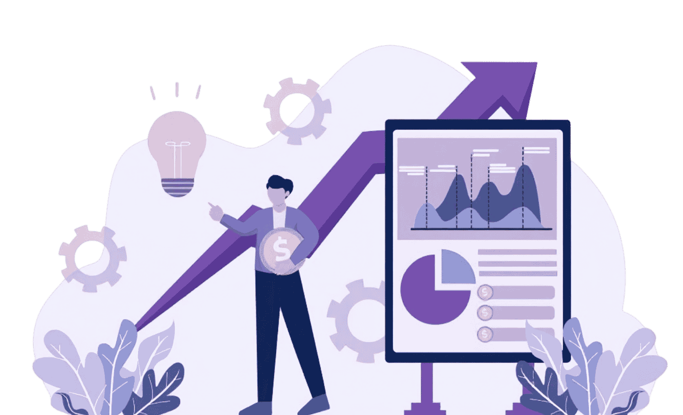 Illustration of a professional presenting analytics dashboard with charts, graphs and upward growth arrow representing business performance.