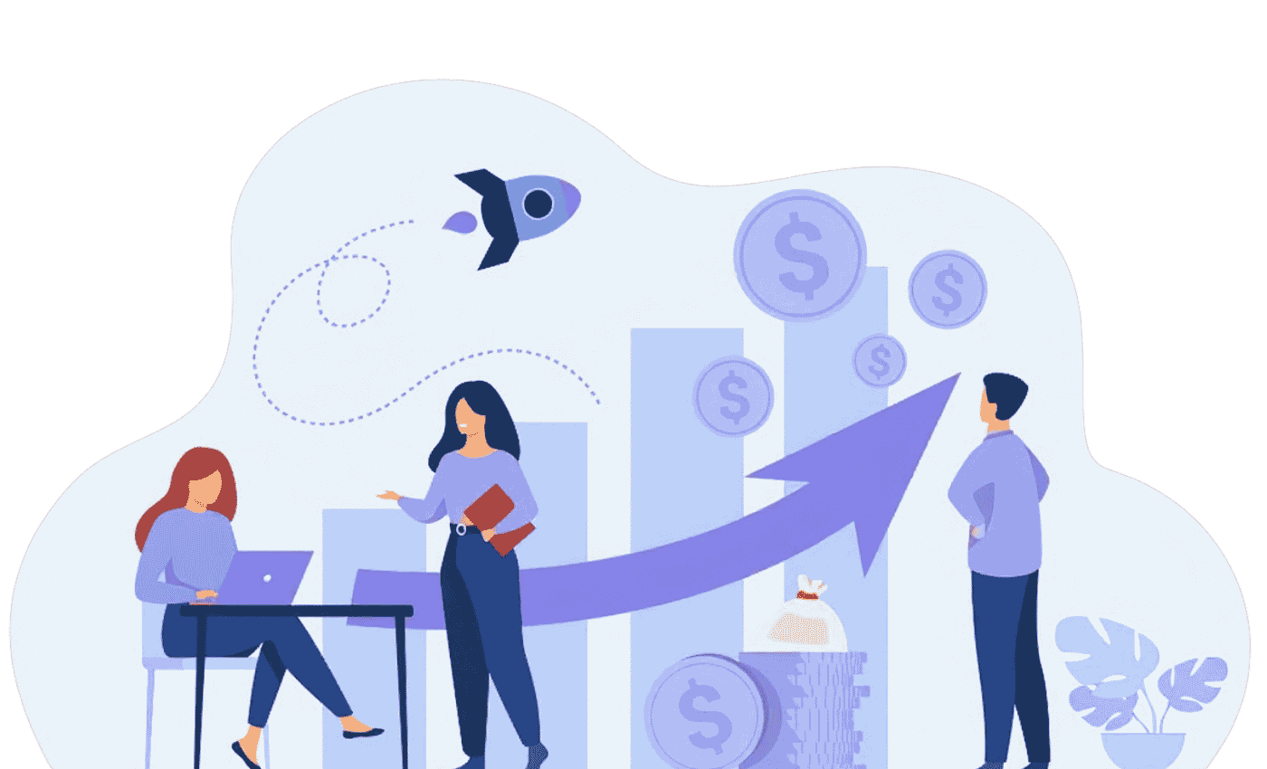 Illustration of business team planning growth with rising revenue chart, dollar icons and rocket launch symbolising financial success.