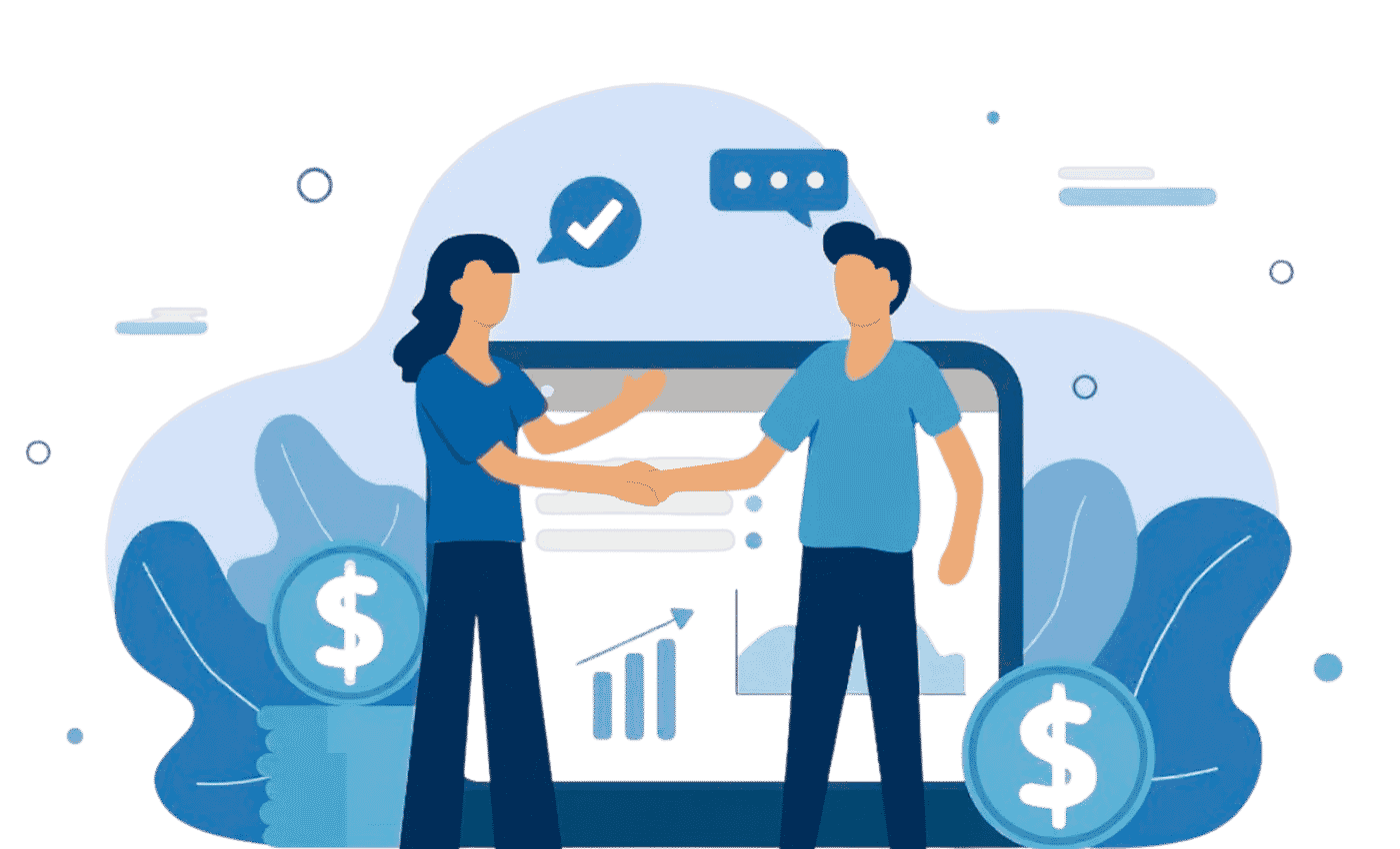 Illustration of two professionals shaking hands in front of a financial dashboard with charts and dollar icons, representing business partnership and collaboration.