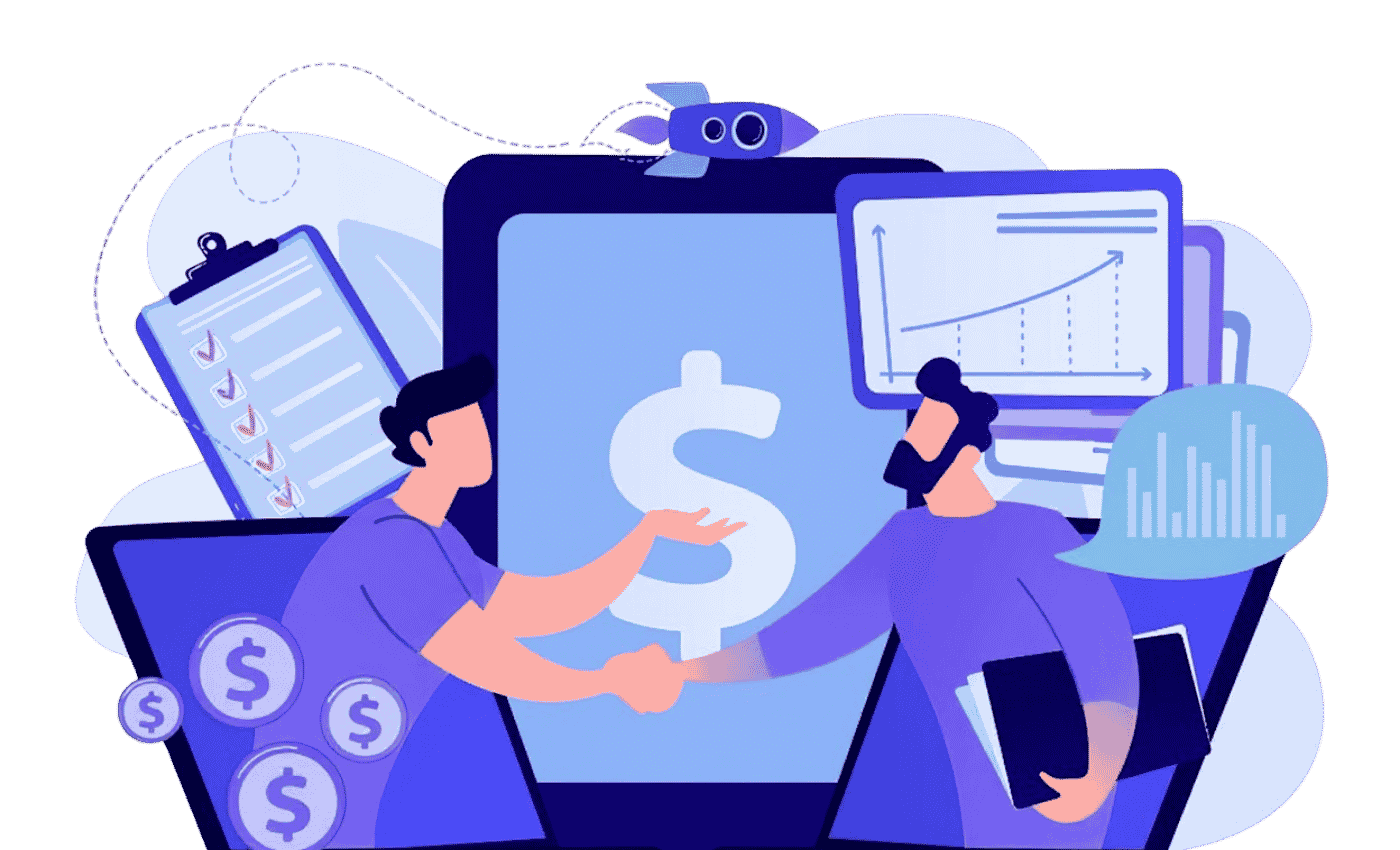 Illustration of two professionals shaking hands in front of financial charts, checklist and dollar icons, representing financial services partnership and business growth.