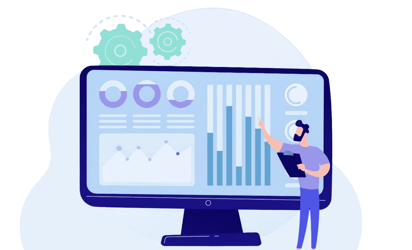 Illustration of a professional analysing a large data analytics dashboard with bar charts, line graphs and performance metrics.