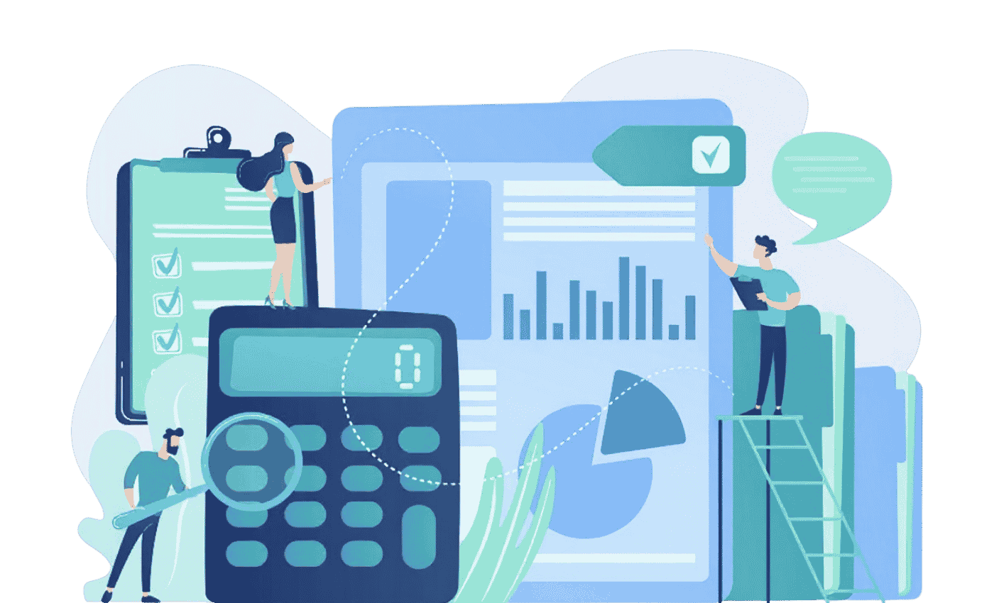 Illustration of professionals working with financial reporting tools, including calculator, checklist, charts and analytics dashboard for business insights.