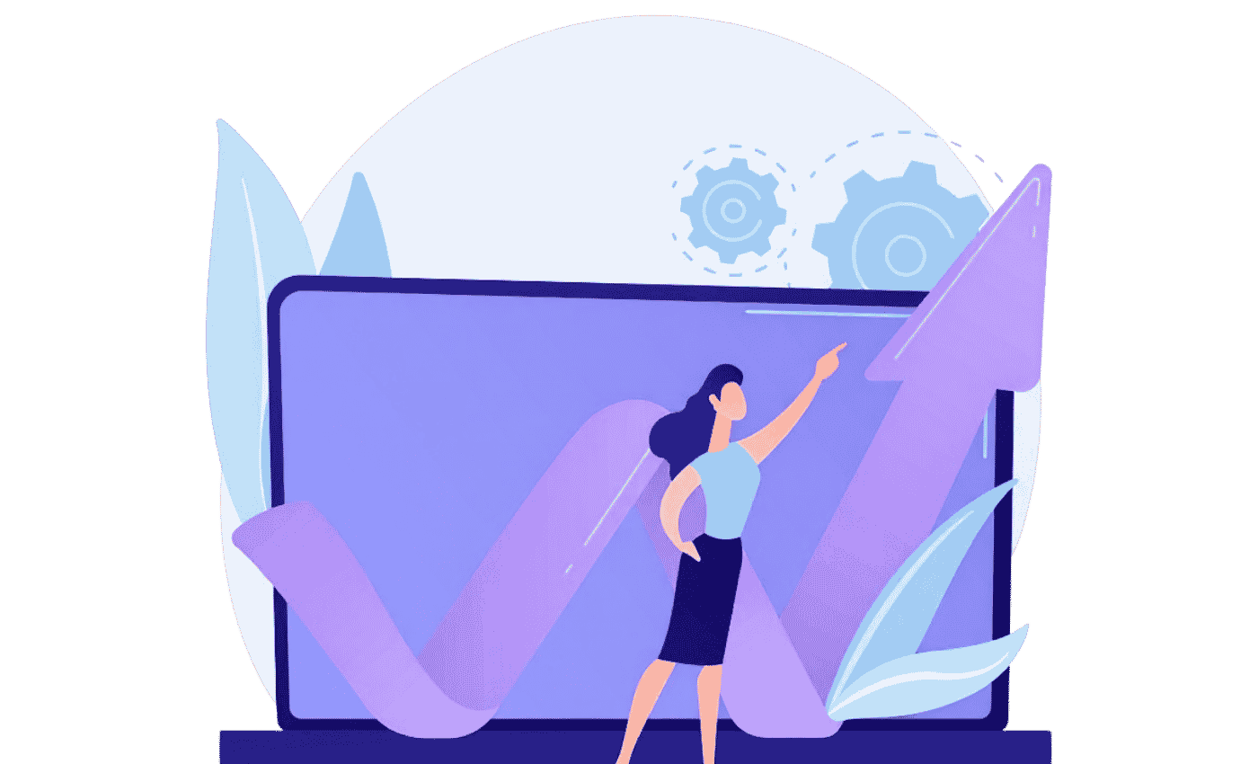 Illustration of a woman pointing at a rising growth chart on a digital screen, representing business performance improvement and data analytics.