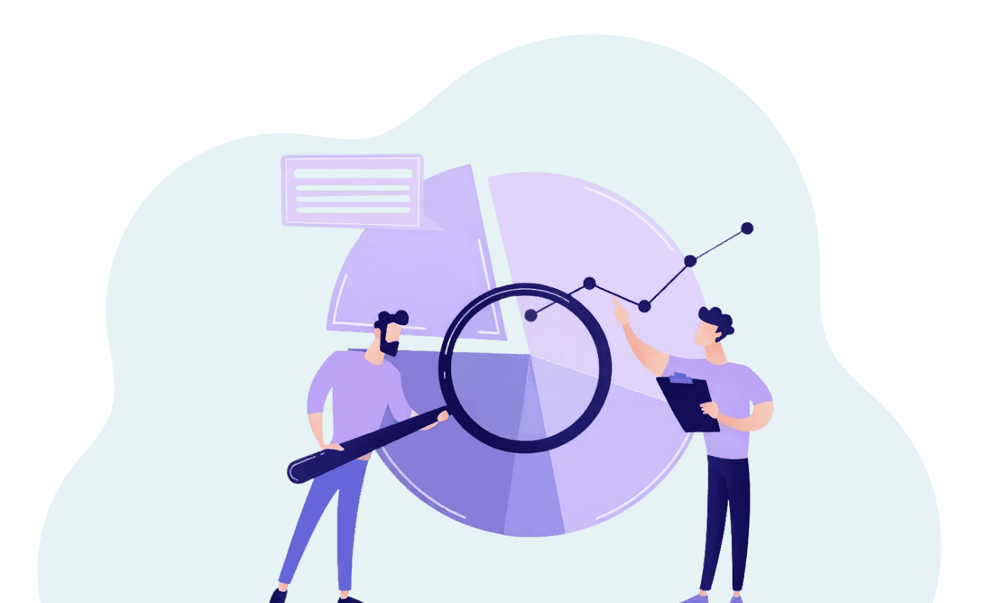 Illustration of analysts reviewing data with magnifying glass, pie chart and line graph representing market research and analytics.