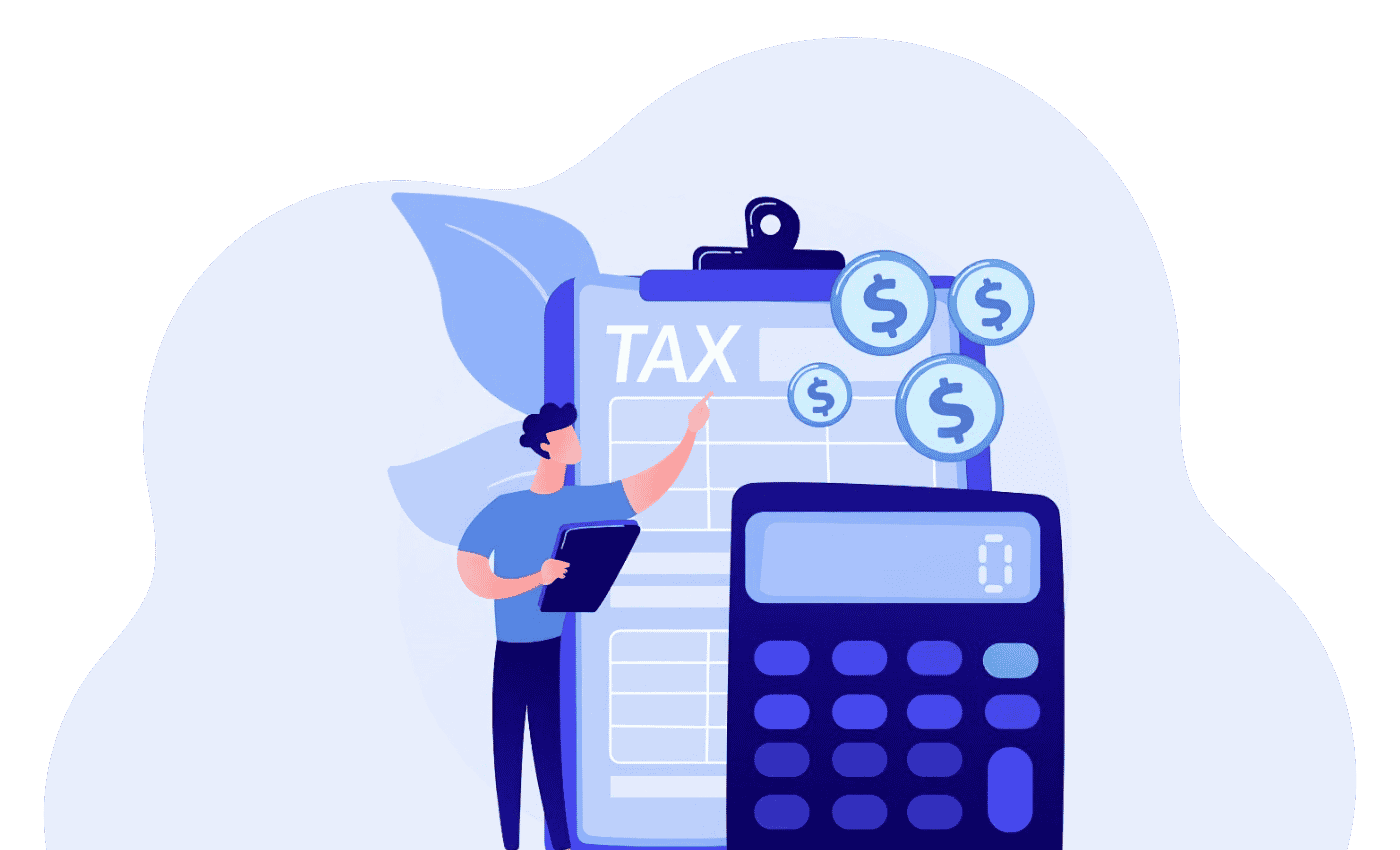 Illustration of a professional calculating taxes with a clipboard, calculator and dollar icons representing tax planning and financial management.
