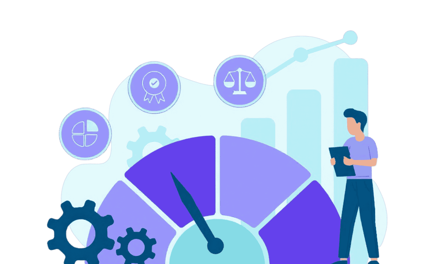 Illustration of a professional reviewing business performance metrics with a speedometer gauge, charts and KPI indicators representing data-driven insights.