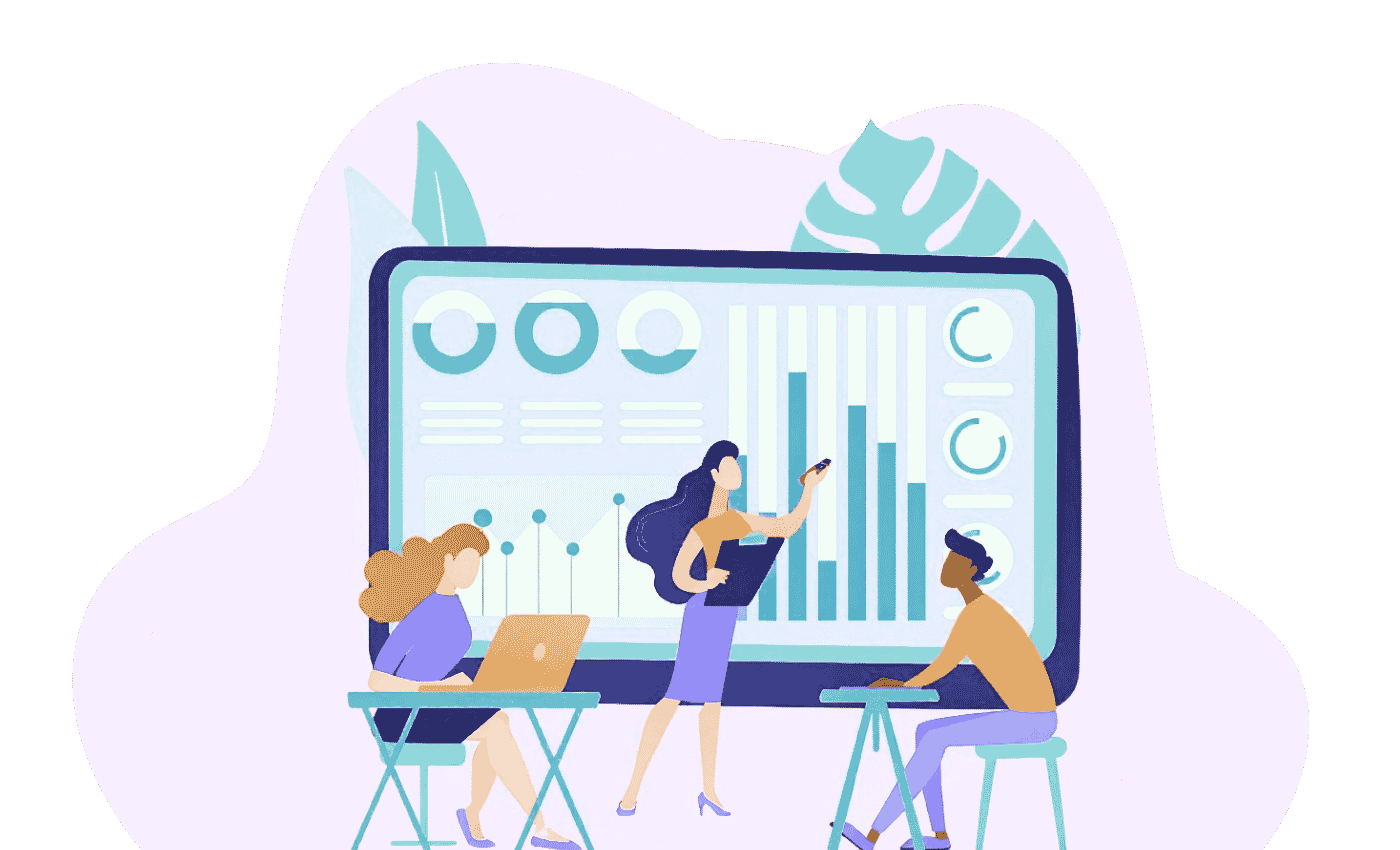 Illustration of a team collaborating on data analytics with a large dashboard displaying charts, graphs and performance metrics.