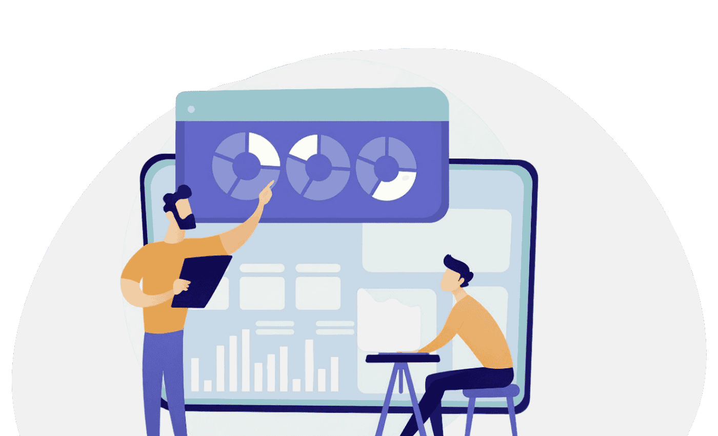 Illustration of professionals analyzing a business intelligence dashboard with charts, graphs and data reporting metrics on screen.