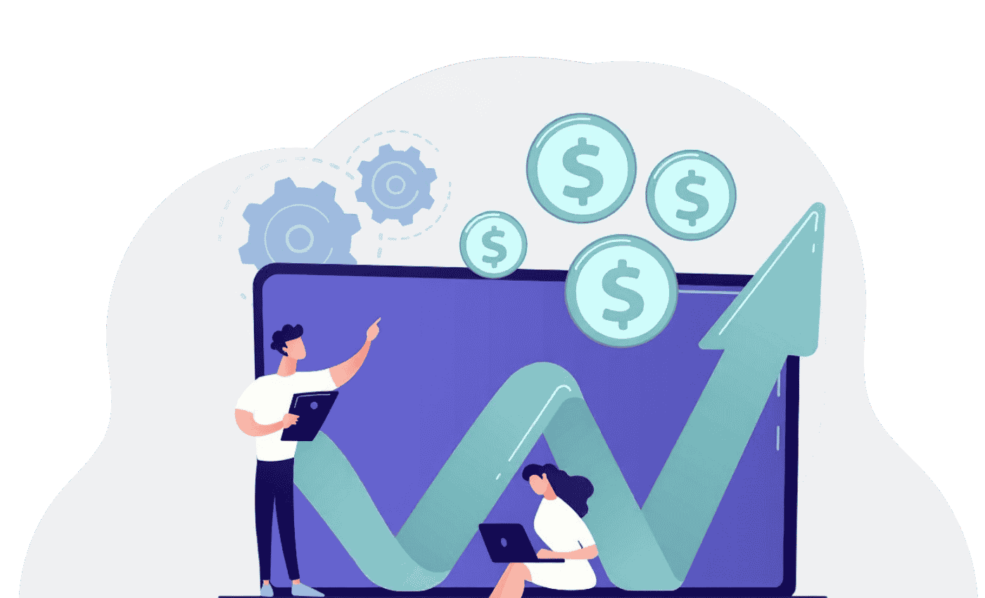 Illustration of professionals analysing revenue growth with upward graph, dollar icons and financial performance data on screen.