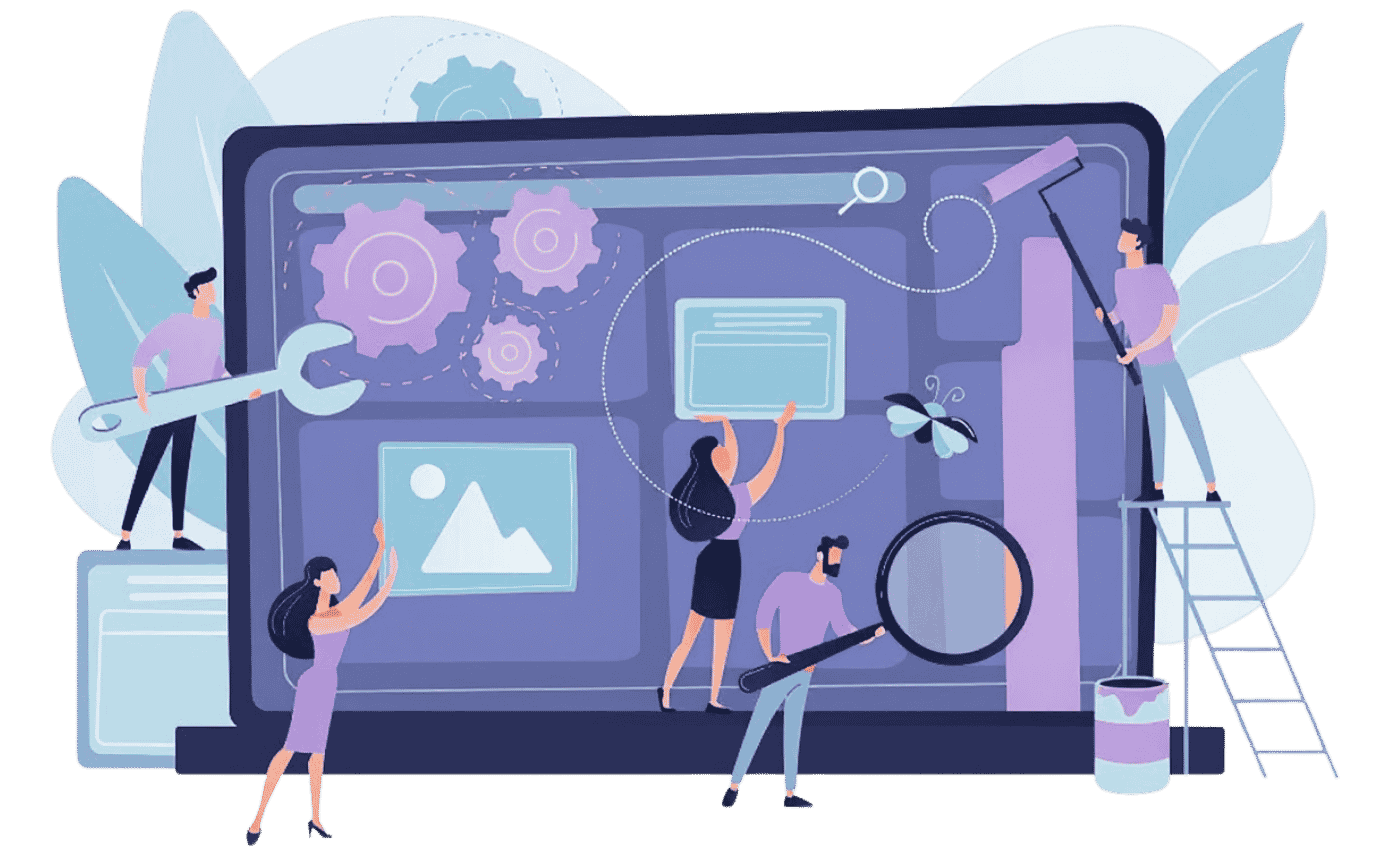 Illustration of a procurement team optimising digital workflows with analytics, process management tools, search functionality and operational improvements.