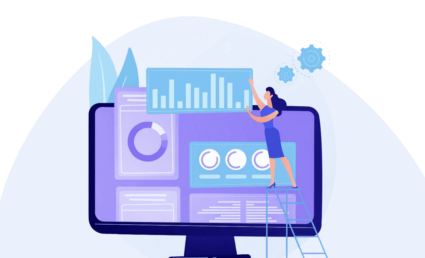 Illustration of a procurement professional managing analytics dashboard with charts, KPIs and performance metrics for strategic procurement insights.
